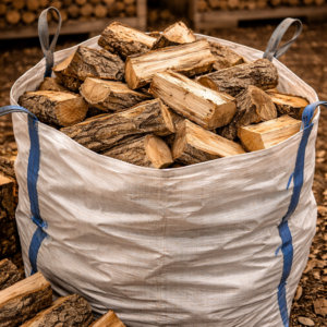 Firewood logs in a large sack at Bryncoch Sawmill, Welshpool.