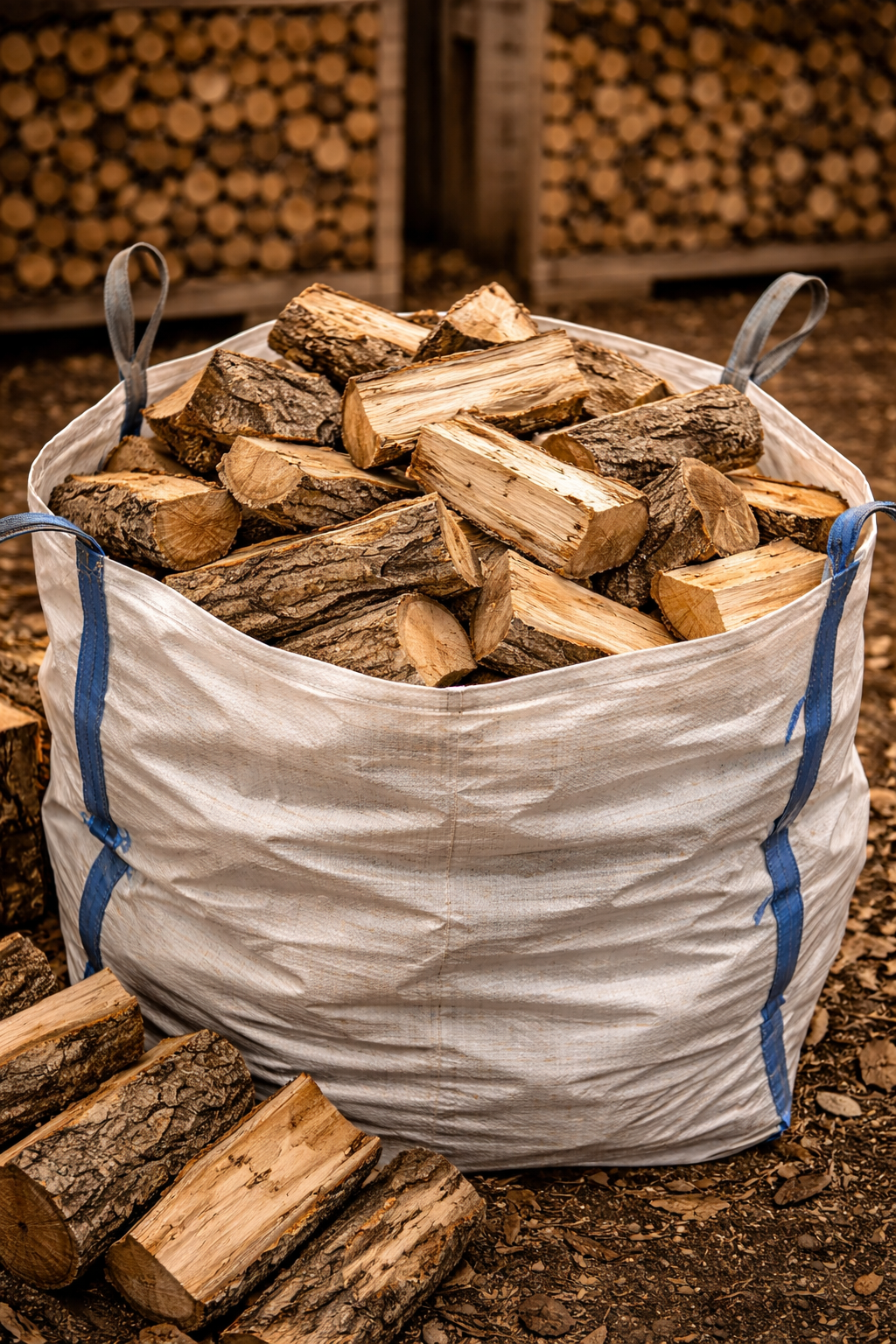 Firewood logs in a large sack at Bryncoch Sawmill, Welshpool.