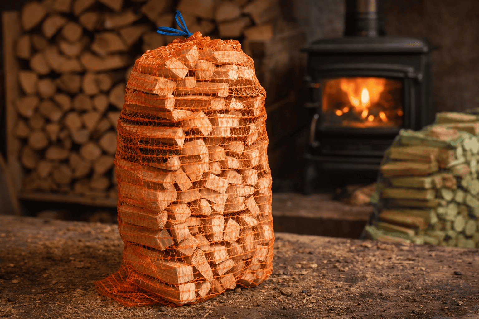 Firewood bundle in a workshop with a wood-burning stove in the background.
