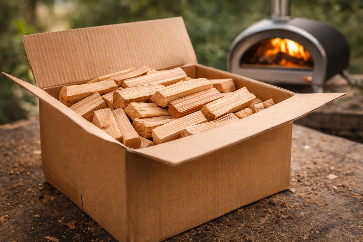 Firewood in a cardboard box with a wood-fired oven in the background.